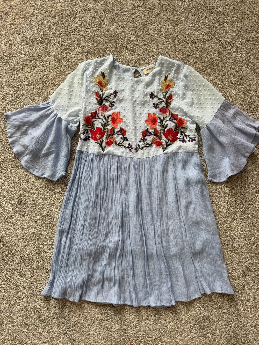 Women’s Umgee Light Blue Dress with Floral Embroidery- Size Small